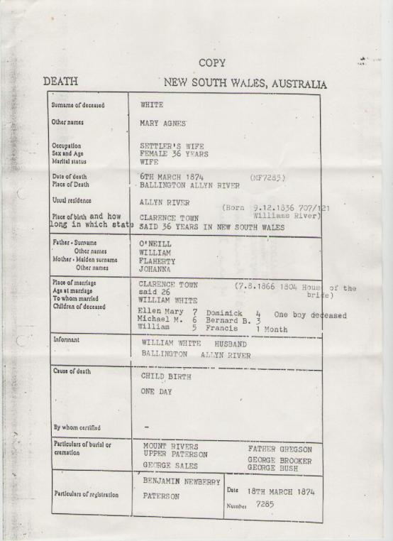 Mary Agnes O'Neill death cert