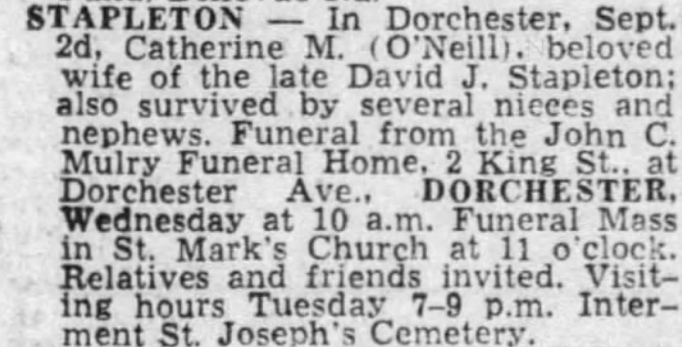 Katie's death notice on Boston Globe 04 Sep 1973