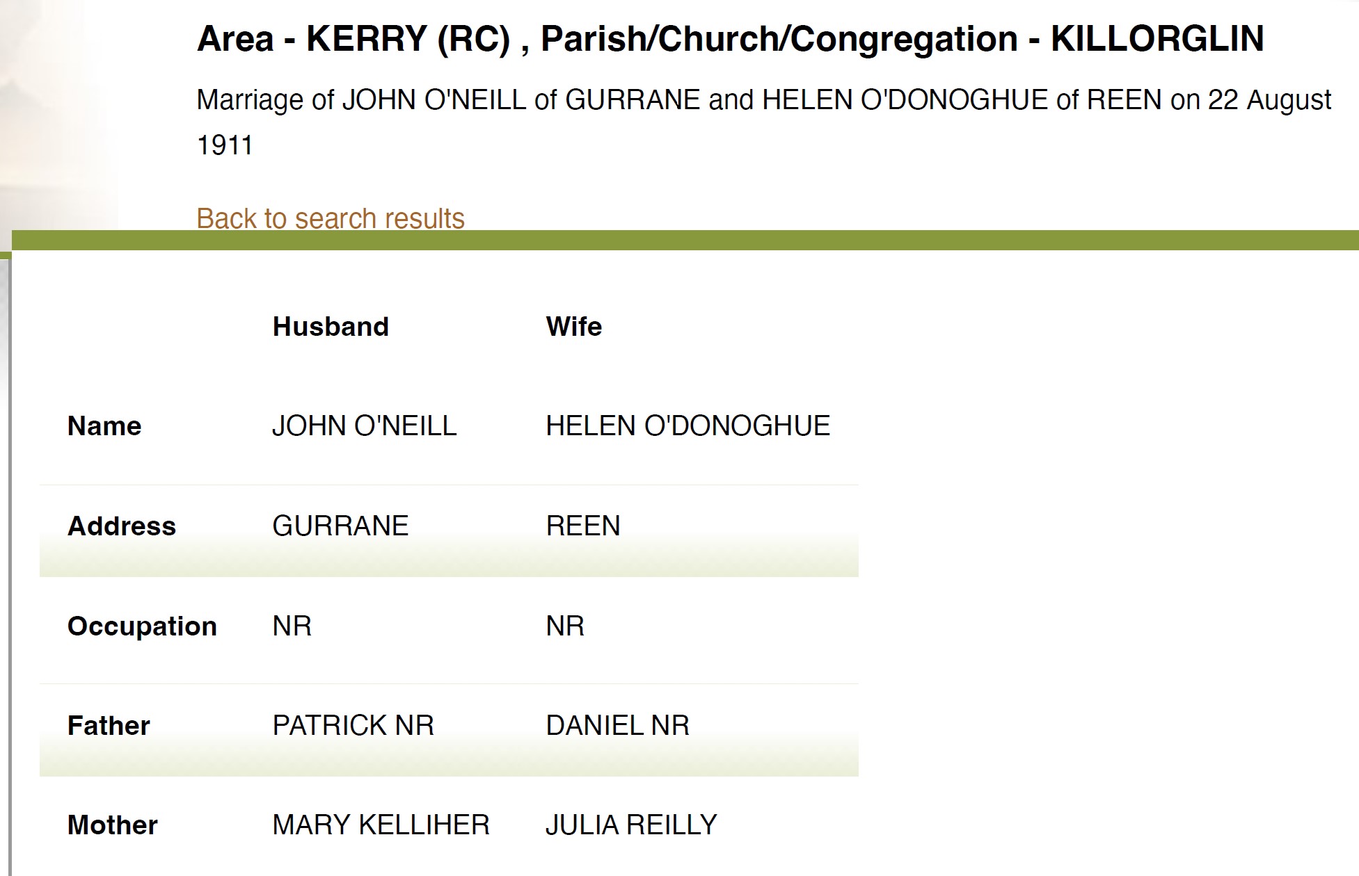 Marriage of John O'Neill 1888