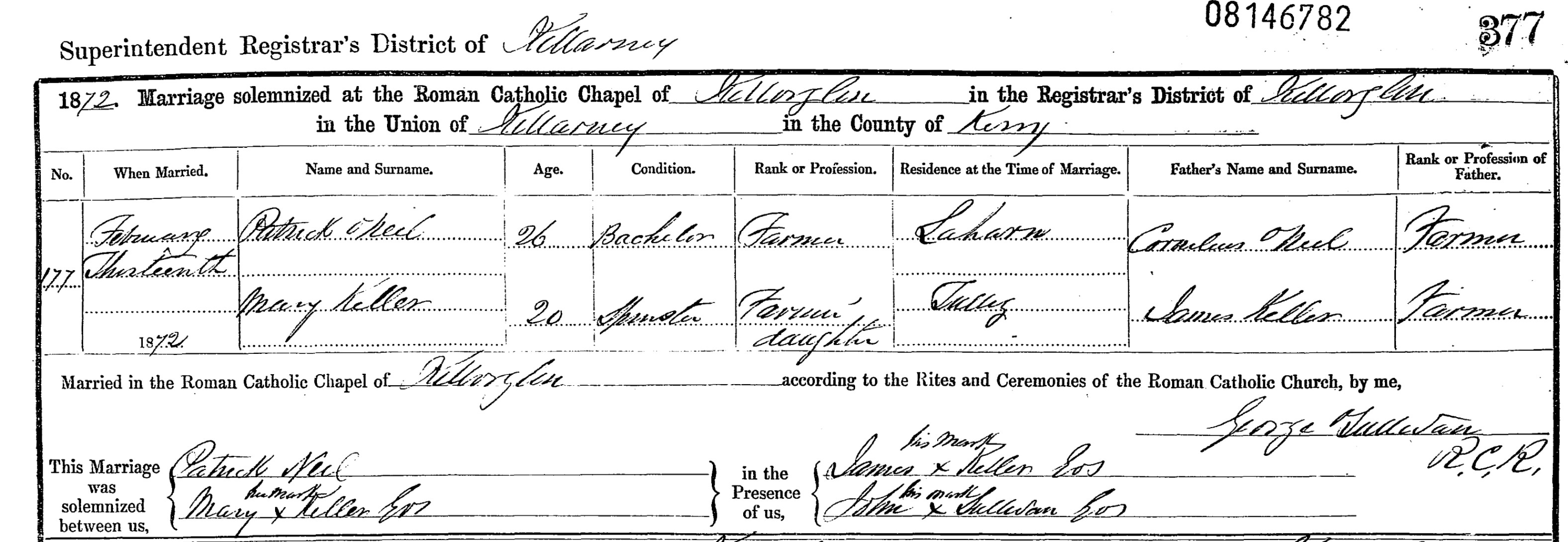 Patrick O'Neill marriage to Mary Keller