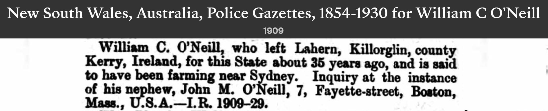 Missing friends notice from nephew John M O'Neill